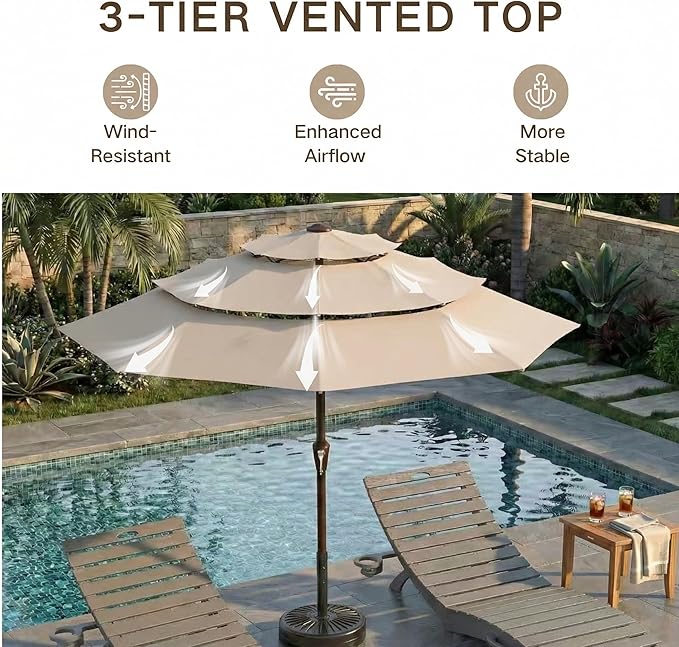 Kingdura 10ft 3-Tier Patio Umbrella, Outdoor Table Umbrella with Easy Crank & Tilt, 8 Reinforced Ribs, UV Protection for Deck, Pool, Market, Backyard (Beige)