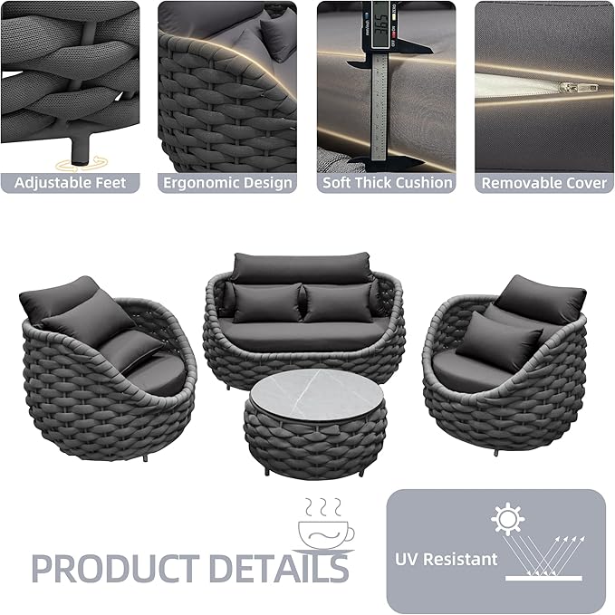 TWT Patio Furniture Sofa Set 4 Pieces Aluminum Outdoor Furniture w/27.8in Coffee Table,Patio Conversation Set with Hand Woven Textilene Rope for Backyard Garden Poolside,Dark Gray
