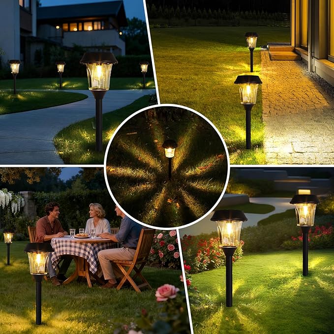 Solar Pathway Lights Outdoor 4 Pack, Stainless Steel & Glass Solar Garden Lights, Auto Dusk to Dawn IP65 Waterproof LED Path Lights for Yard, Lawn, Walkway, Driveway