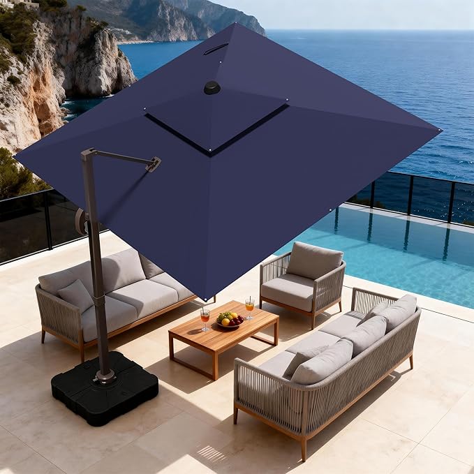10x10Ft Patio Umbrella Outdoor Cantilever Rectangle Umbrella with Base Included, 6-Level Tilt & 360° Rotation Offset Umbrella for Garden, Deck, Pool(Navy Blue)