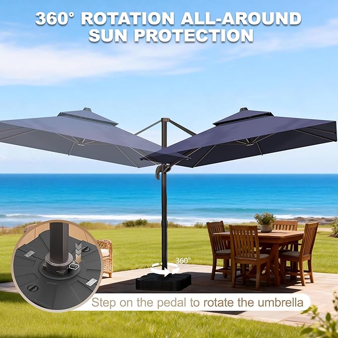 10x10Ft Patio Umbrella Outdoor Cantilever Rectangle Umbrella with Base Included, 6-Level Tilt & 360° Rotation Offset Umbrella for Garden, Deck, Pool(Navy Blue)