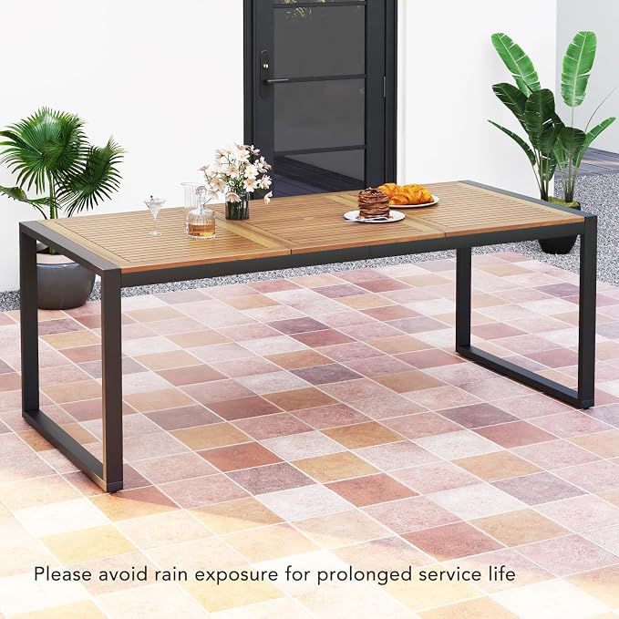 HAPPYGRILL 8-Person Outdoor Acacia Wood Dining Table, 79" x 35.5" Rectangular Patio Dining Table with 2" Umbrella Hole and Sturdy Metal Frame, Outdoor Patio Table for Garden, Deck and Backyard