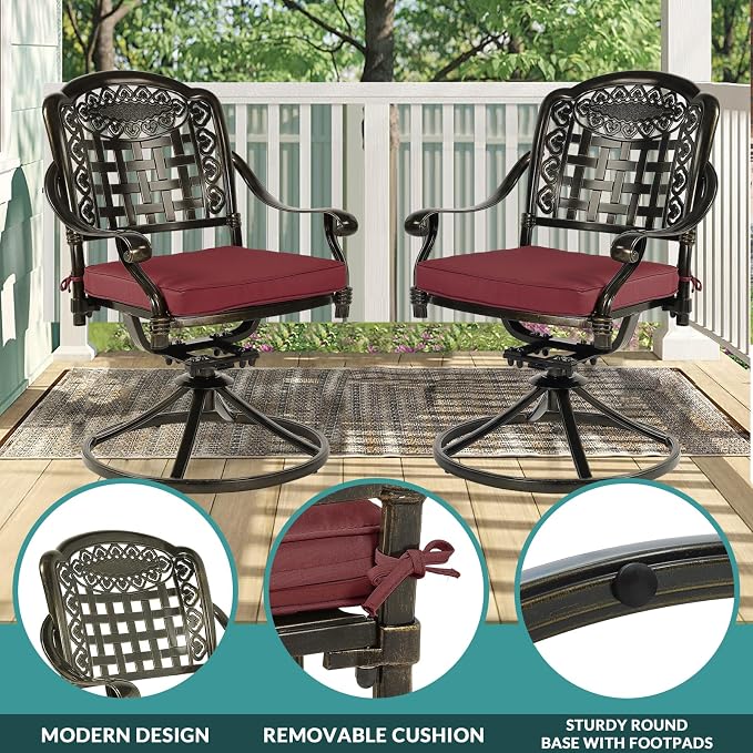 MEETWARM 9-Piece Outdoor Patio Dining Set for 8, All Weather Cast Aluminum Patio Funiture Table and Chairs Set- Large 64" Square Table and 4 Swivel Rocker Chairs, 4 Stationary for Garden, Red