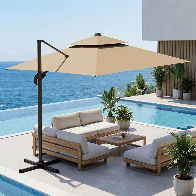 9x12 FT Patio Cantilever Umbrella (Base Not Included) (Base Not Included), Rectangular Heavy Duty Offset Umbrella for 6-8 People, 360°Rotation & Mult Tilt, Double Top Design, for Pool Garden Deck (Tan)