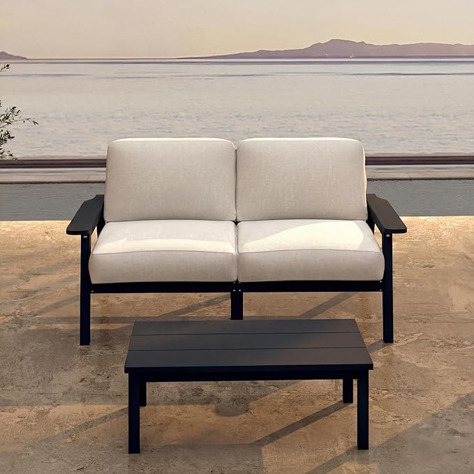 Patio Furniture Set 2 Seats, HDPE Outdoor Sectional with Beige Washable Thick Cushions, Coffee Table, Patio Conversation Sets for Lawn, Garden, Porch, Balcony, Deck (Black Frame)