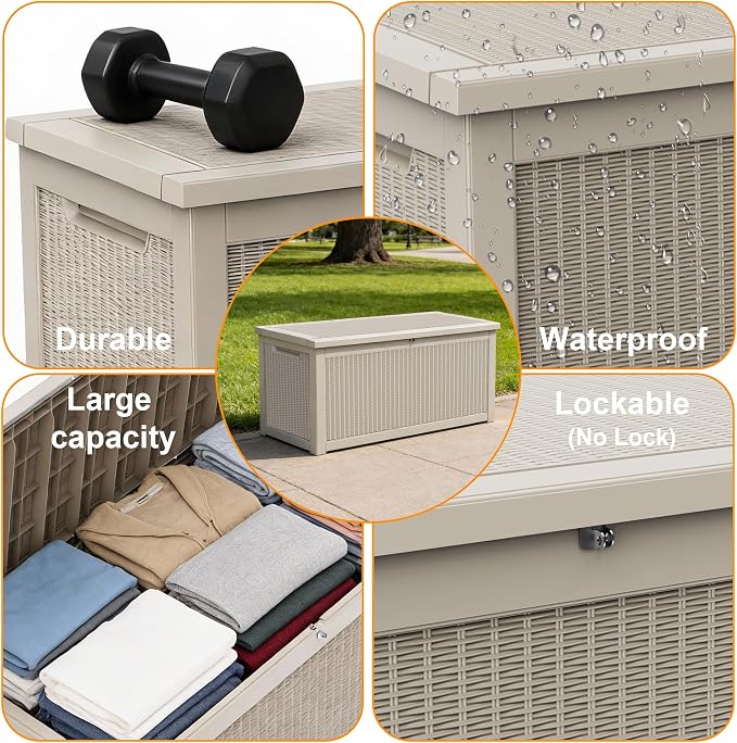 320 Gallon Heavy Duty Wicker Outdoor Storage Box, Weather Resistant Rattan Textured Lockable Large Container for Backyard, Pool & Patio Bulk Outdoor Item Storage (Grey,320GAL)