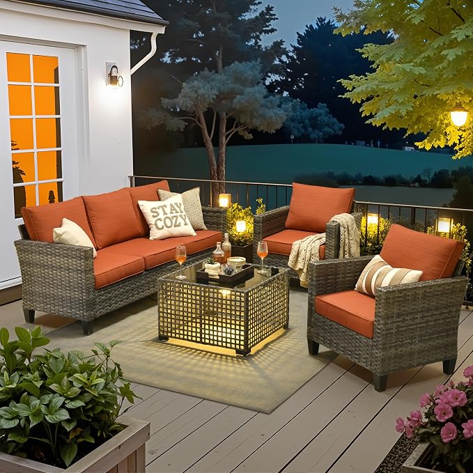 4 Piece Wicker Patio Furniture Set with Solar Table, Orange | Outdoor Deep Seating Sofa Chair, Solar Lights Table, All Weather Rattan, Modern Conversation Set, Porch Deck Backyard