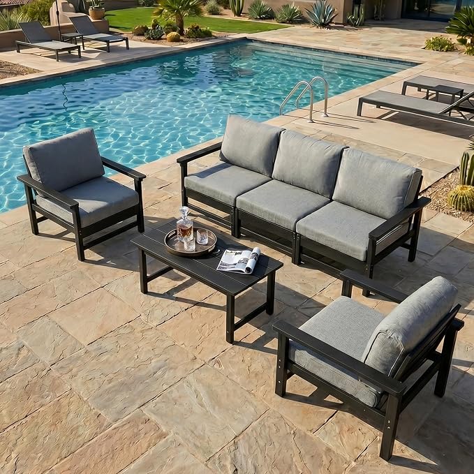 HDPE Outdoor Patio Furniture Set, 6-Piece Sofa Set with 3-Seat Couch, 2 Armchairs & Coffee Table, Weatherproof Conversation Set with Cushions, All-Weather Waterproof, for Garden, Porch & Backyard