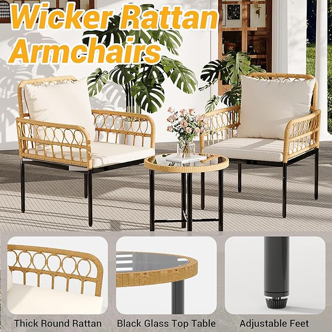 GarveeLife Wicker 3 Pieces Patio Bistro Sets Outdoor Conversation Sets with Glass Top Side Table and 2 Modern Rattan Chairs, Patio Furniture Set for Apartment, Backyard, Porch, Balcony, Lawn (Beige)