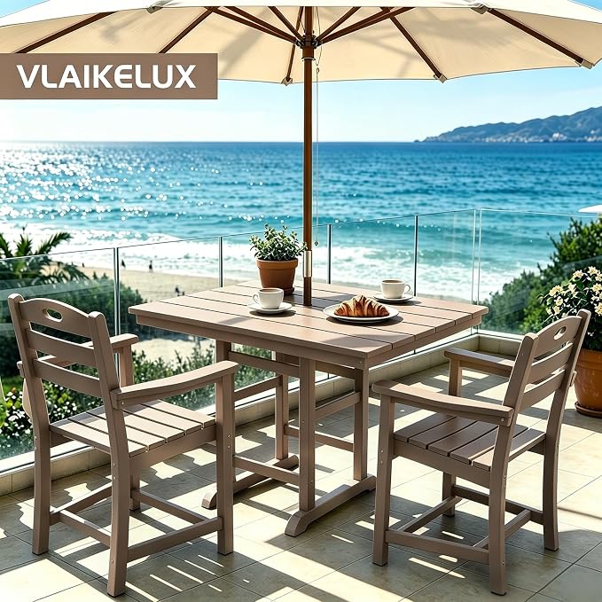 Outdoor Patio Dining Square Table and Armchair 3 Piece Set, Brown | HDPE Material, 1.77" Umbrella Hole, All-Weather, Patio Furniture, Table and 2 Chairs, For Backyard, Deck, Garden
