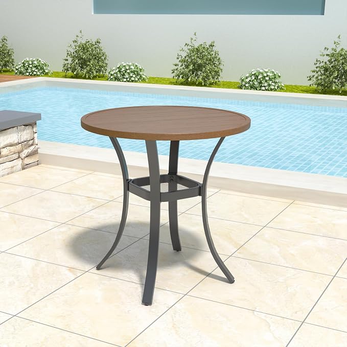 Anmutig Small Outdoor Metal Table for 2, Patio Bistro Table with Curved Legs, All Weather Slatted Table for Lawn, Garden, Balcony, Deck, Brown