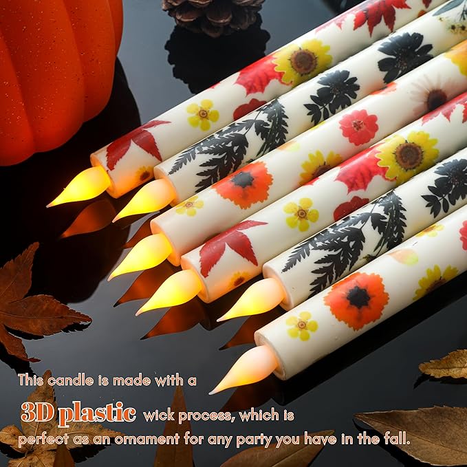 6PCS Thanksgiving Flameless Taper Candles - Fall Maple Leaf Decor, Thanksgiving Decorative Candles with Wax Coating and Autumn Floral Prints Perfect for Table, Party, Banquet