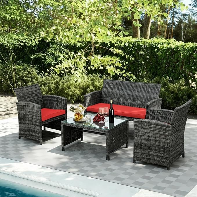 JAMFLY 4 Piece Outdoor Patio Furniture Set, Outdoor Wicker Rattan Chairs Conversation Sets with Cushions & Coffee Table for Outside, Garden, Balcony, Porch, Red