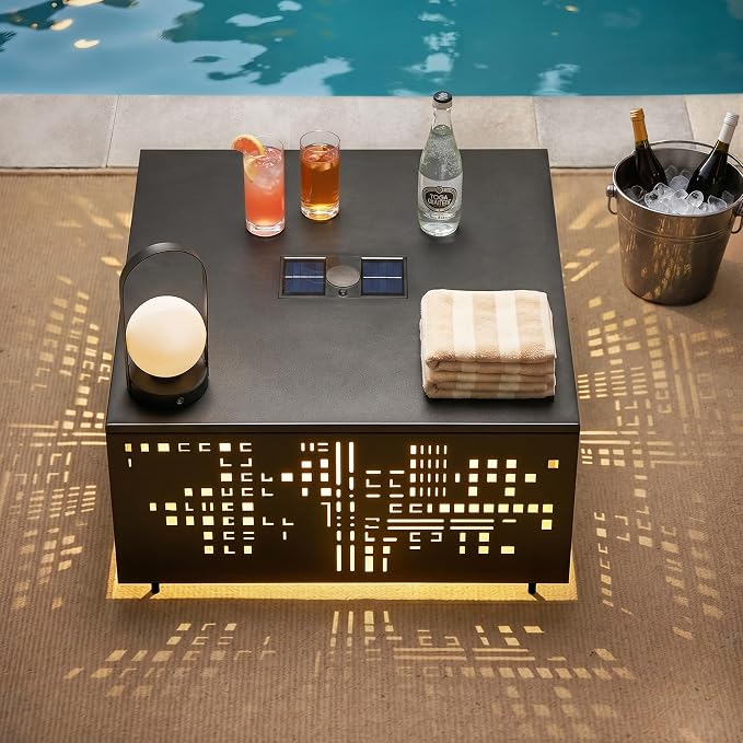 27" Outdoor Coffee Table with Solar Ambient Light & Umbrella Hole, All-Weather Rust-Resistant Metal Patio Table for Backyard Gatherings, Poolside, Small Balconies & Outdoor Living Spaces, Black