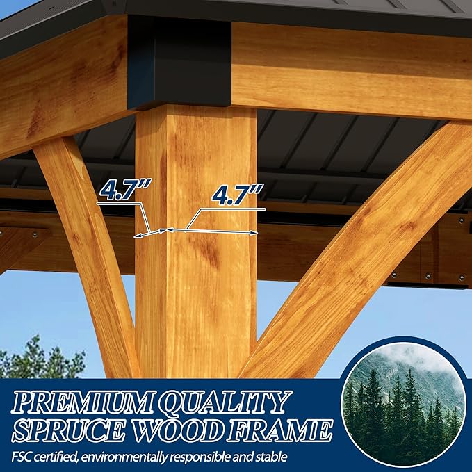 COVERONICS 12FT x 20FT Outdoor Spruce Wood Gazebo - Patio Wooden Frame Gazebo with Galvanized Steel Double Roof, Heavy-Duty Hardtop Gazebos with Netting & Curtains for Garden, Poolside, Deck, Backyard
