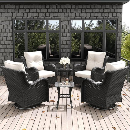 LayinSun 6 Pieces Outdoor Patio Furniture Set, Rattan Wicker Swivel Rocker Chairs Sets with Swivel Glider Chairs and Coffee Table