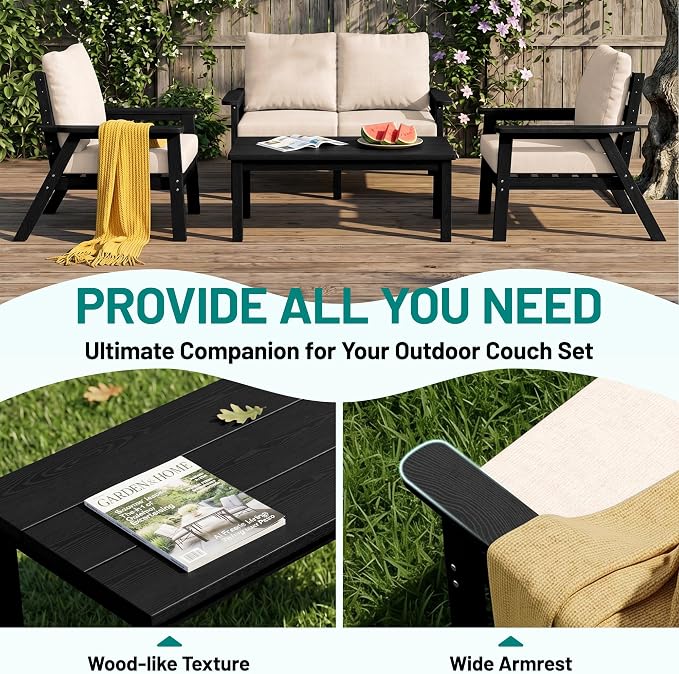 PLUUV 7-Piece Outdoor Patio Furniture Set, HDPE All-Weather Sectional Sofa Set with Thick Cushions, Modular Conversation Set for Deck, Lawn, Porch, Black Frame with Khaki Cushion