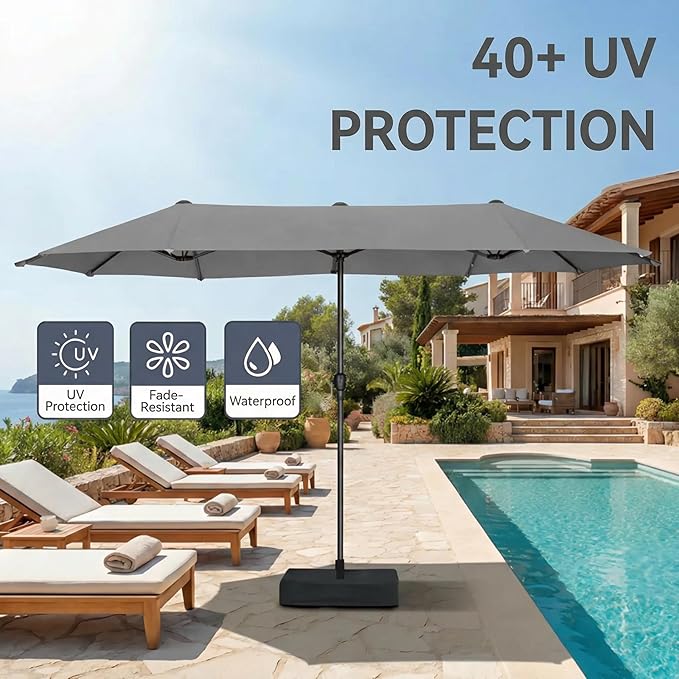 15ft Large Patio Umbrellas with Base Included, Outdoor Double-Sided Rectangle Market Umbrella with Stand, Outside Umbrellas for Poolside Lawn Backyard