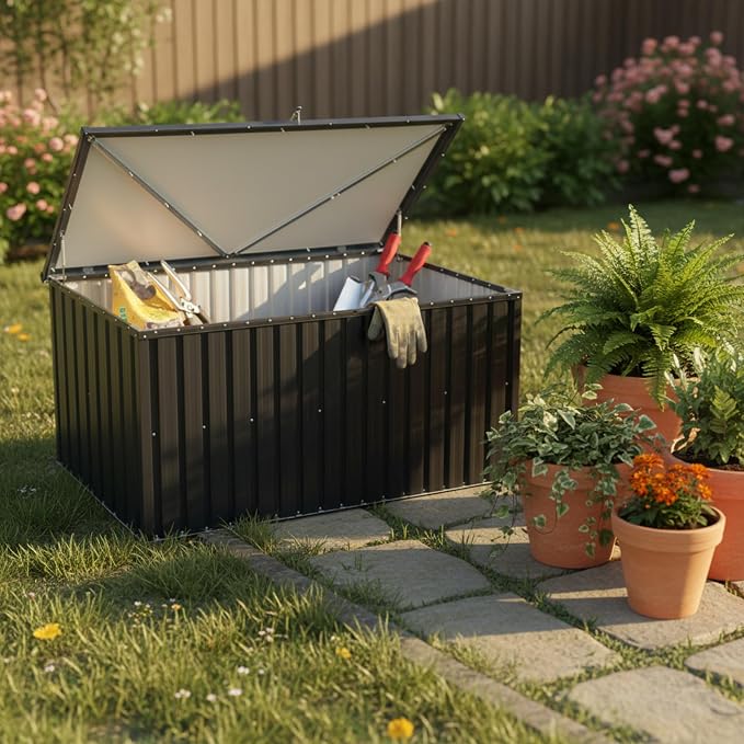 Outdoor Metal Storage Box 215 Gallon, Patio Deck Box for Cushions, Tools & Toys, Weather-Resistant Garden Storage Container for Backyard, Patio & Terrace