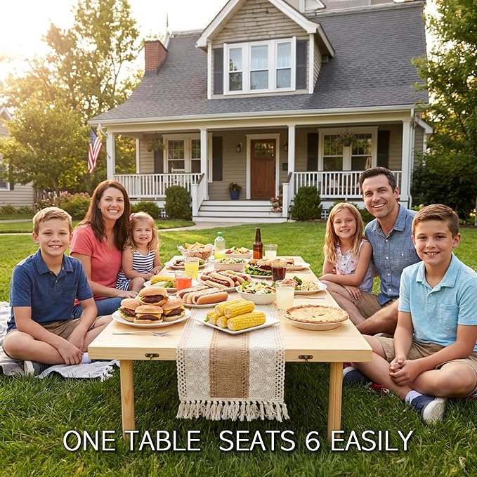 Amdermi Folding Picnic Table with Table Runner, 60 x 30 Inch Portable Boho Low Picnic Table for Indoor Outdoor Camping, Beach, Garden, Party, 6-8 Person
