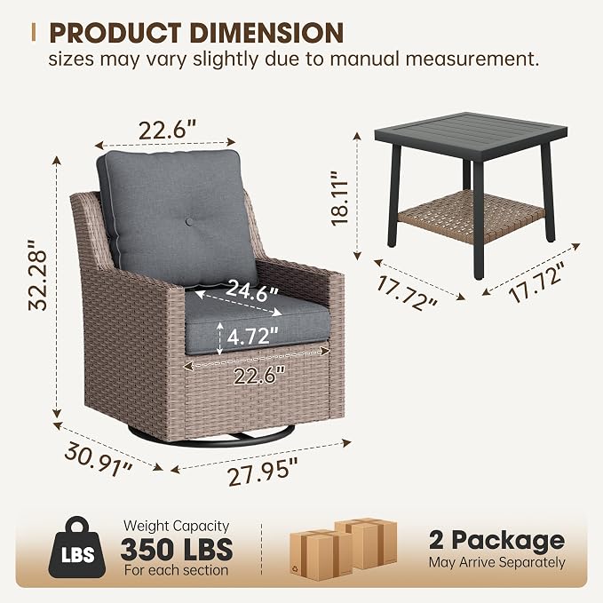 NestNook 3 Piece Patio Furniture Set, Outdoor Furniture Wicker Swivel Chairs Set of 2 with Side Table Rattan Patio Conversation Set for Balcony Deck Backyard and Poolside (Dark Grey)