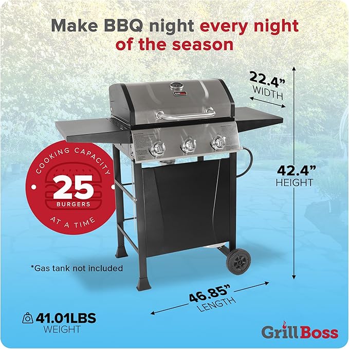Grill Boss 3 Burner Propane Gas Grill, Portable BBQ w/Lid, Wheels & Side Shelves, Black - Grilling Accessories and Equipment for Camping, Tailgating, Outdoor Barbecue and Cooking