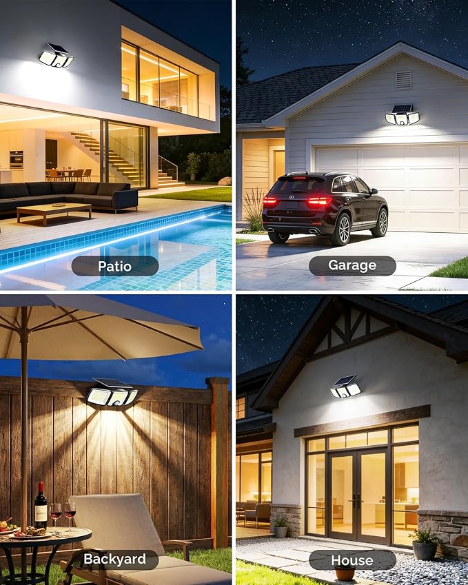 Brightown 2 Pack Solar-Security-Flood-Outdoor-Lights-with-Motion-Sensor, 223 LED 3 Head 270° Angle Street Area Security Lights with Remote, IP65 Waterproof Wall Lights with 3 Modes for Yard Outside