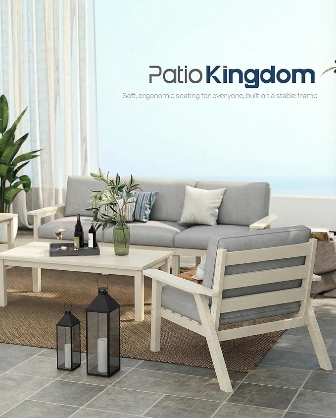 Patio Furniture Set 3 Seats, HDPE Outdoor Sectional with Washable Gray Thick Cushions, Coffee Table & Side Table, Patio Conversation Sets for Lawn, Garden, Porch, Balcony (White Frame)