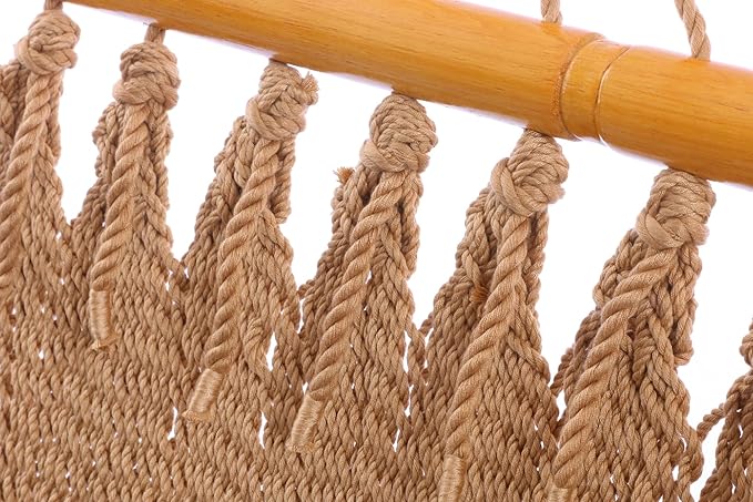 Double Saniwerke Caribbean Hammock, Hand-Woven with Wooden Spreader Bars, 79" Wide x 12 ft Long, Outdoor Indoor Use, Double Person Hammock for Patio Balcony Porch Relaxation, Soft Tan
