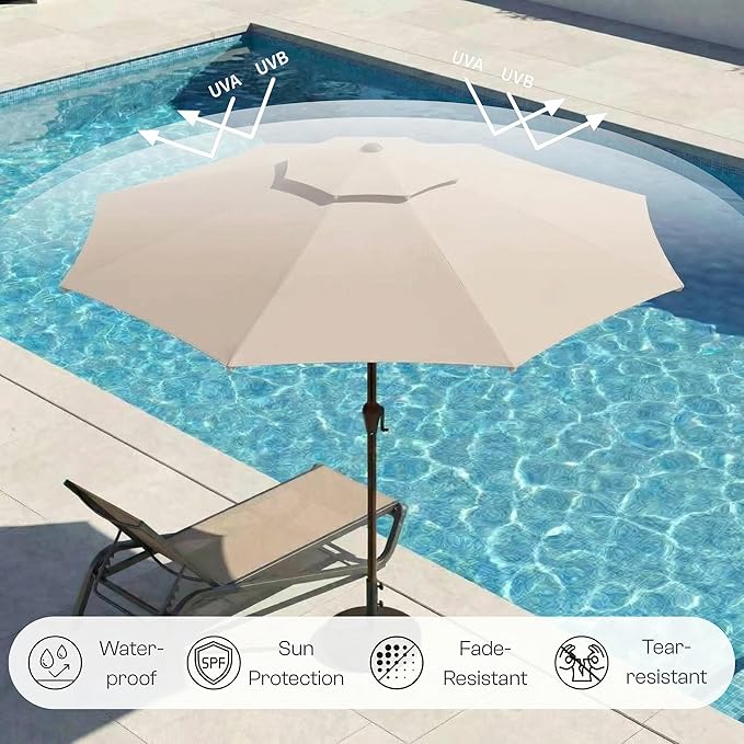 Outdoor Patio Umbrella, 2 Tiers Market Table Umbrella with 8 Sturdy Ribs, Push Button Tilt and Crank, UPF50+ UV Protection for Deck, Pool, Garden and Backyard