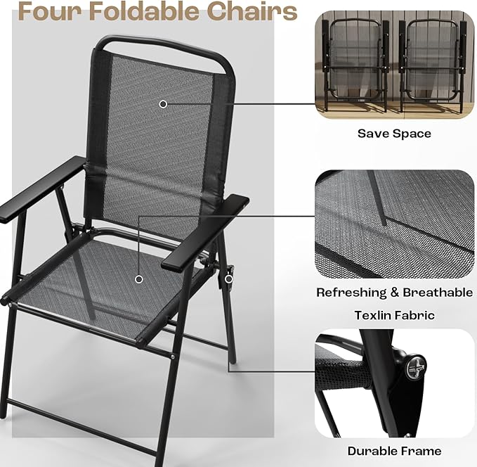 PUKAMI 6 Piece Folding Patio Dining Set with Umbrella, Outdoor Table and Chair with 4 Dining Chairs and Round Glass Table for Garden, Backyard and Deck, Black