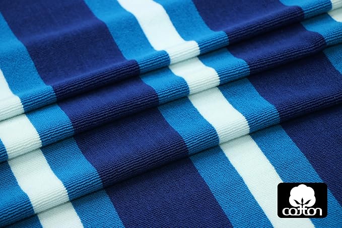 COTTON CRAFT Pool Lounge Chair Cover - 2 Pack - Soft Absorbent 100% Cotton Stripe Dobby Terry Towel Chaise Lounge Beach Chair Cover - Oversized 32 W x 82 Length x 7 inch Pocket – Blue
