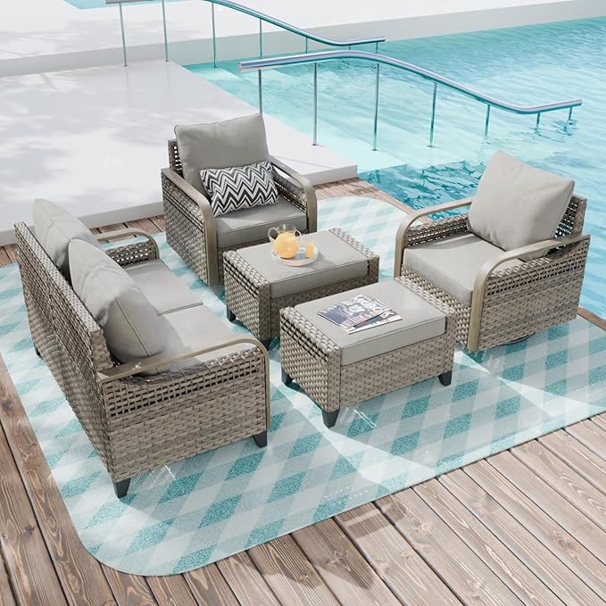COOS BAY Modern Wicker Outdoor Furniture Set, 5 Piece Patio Conversation Set with 2 Swivel Rockers, a 3 Seat Couch and 2 Ottomans, 5 Piece, Brown/Gray