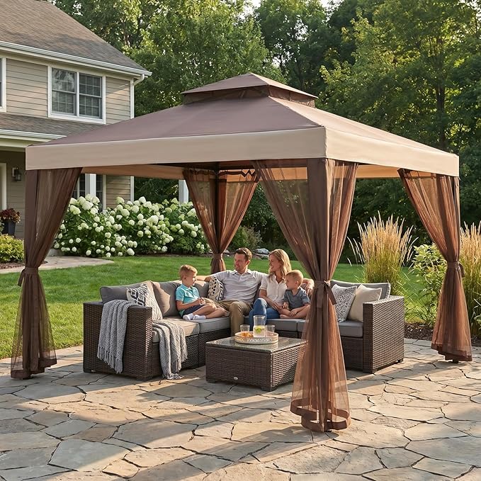 10x10 Gazebo with Netting, Canopy Tent Sun Shade Shelter for Outdoor Patio Backyard (Brown)