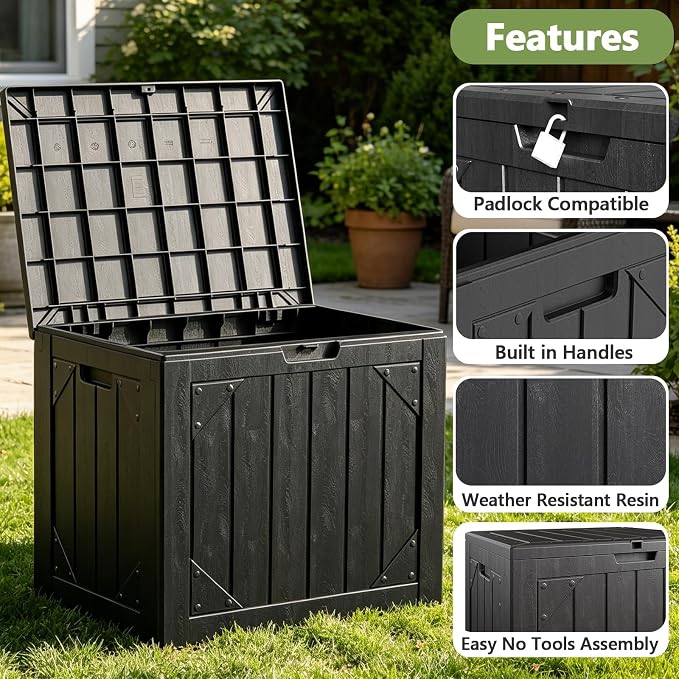 30 Gallon Outdoor Deck Box 4 Pack, Waterproof Resin Patio Storage Boxes with Lockable Lid, Small Outdoor Storage for Cushions, Accessories, Garden Tools, Indoor Outdoor Organizer, Black