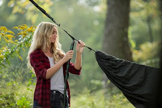 Go Camping Hammock 2.0 w/ Built-In Mosquito Net - Slate Gray by Go Outfitters: 11' Long X 64" Wide |Includes 2 Premium Aluminum Carabiners, Rapid Deployment Bag, 4 Stakes & 4 Shock Cords