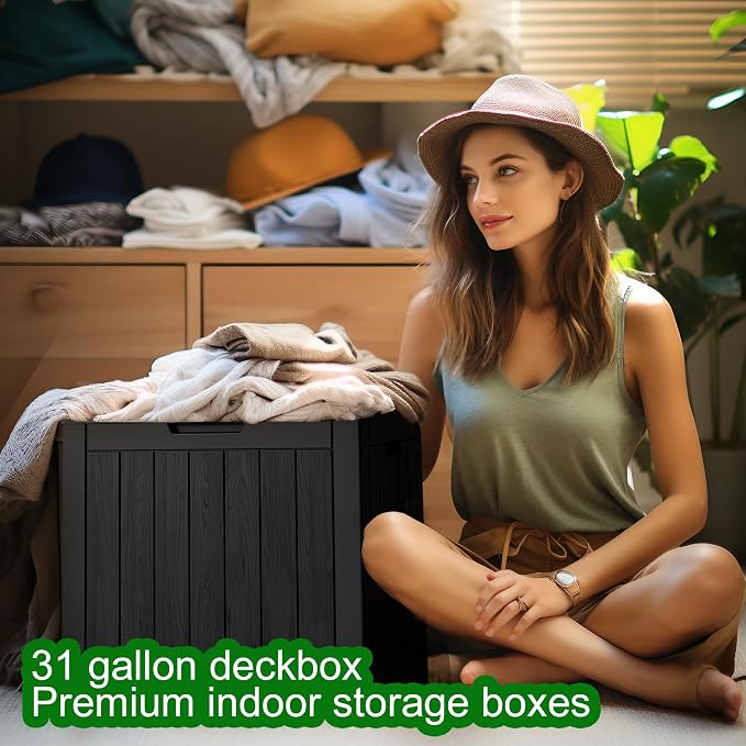Resin Deck Box, Lockable Patio Outdoor Storage Box for Furniture, Garden Tools and Tools Storage, Waterproof Outside Storage Boxes (Black, 31 Gallon)