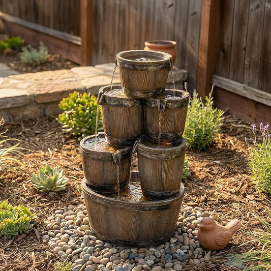 Bumilgar 24.8" Outdoor Water Fountain with LED Lights, Water Feature Outdoor 4-Tier Cascading Waterfall, Rustic Wood Barrel Garden Fountain for Patio Backyard Porch