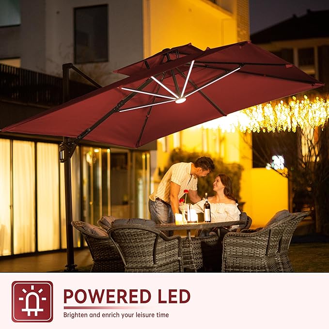 9 X 12 FT Cantilever Outdoor Patio Umbrella with Base Included Large Heavy Duty 360° Rotation Double Top Offset Rectangular Umbrellas with LED Lights for Backyard Outside Deck, Red