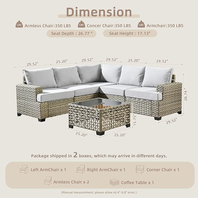 Outdoor Sectional Patio Furniture Set,6 Pieces Wicker Conversation Sets L Shaped Couch,Outdoor Sofa Outside Furniture with Solar-Powered Coffee Table(Grey)