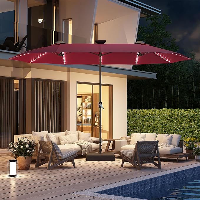 AECOJOY 15ft Double-Sided Patio Umbrella with Solar Lights, Outdoor Rectangle Market Large Patio Umbrella with Base Include, Crank Handle, 156 PCS LED Lights for Garden Deck Pool in Red (1.9" Pole)