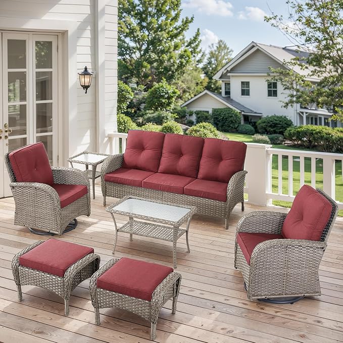 7 Pieces Outdoor Patio Furniture-Swivel Patio Chairs Set of 2 Outdoor Wicker Rattan Sofa Couch with Ottoman Outdoor Conversation Set for Deck Porch Garden Balcony Poolside-Grey/Red