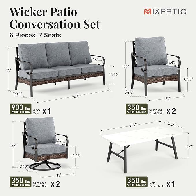 Patio Furniture Set with Coffee Table, Outdoor Conversation Set with 2 x Fixed Chairs, 2 x Swivel Chairs, 1 x 3-Seat Sofa for Lawn Garden Backyard, Grey