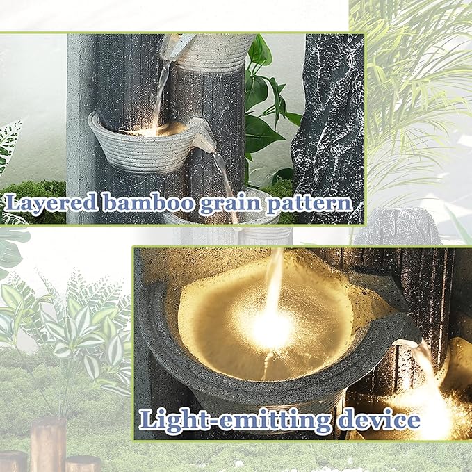 5-Tier Outdoor Indoor Water Feature Fountain, 24" H Indoor Cascading Waterfall with 4 LED Lights, Floor Standing Garden Fountain for Garden, Deck, Backyard, Patio, Yard (Greyish Black)