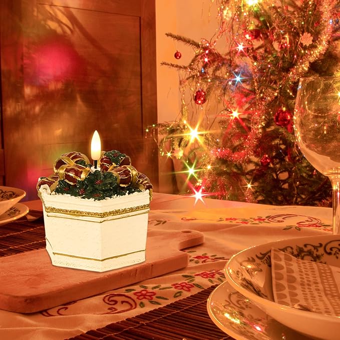 DRomance Christmas Flameless Candle Battery Operated with 6 Hour Timer Real Wax 3D Wick LED Flickering Pillar Candle Hand-Colored Painted Cake Gift Box Shaped Holiday Dinner Decor 3.5" D x 4.5" H