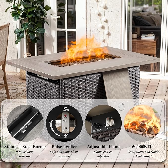 HUMMUH 10 Pieces Patio Furniture Set with Fire Pit High Back Wicker Outdoor Furniture Set Swivel Rocker Chairs 3-Seater Couch for Porch,Deck,Backyard