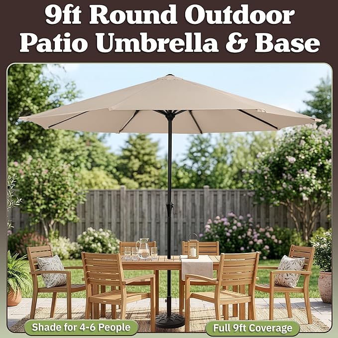 Pure Garden 9FT Round Patio Umbrella with 19lb Weighted Base - Easy Crank, Vented Canopy Outdoor Umbrella for Shade - For Deck, Balcony, Porch, Backyard, or Pool (Khaki)