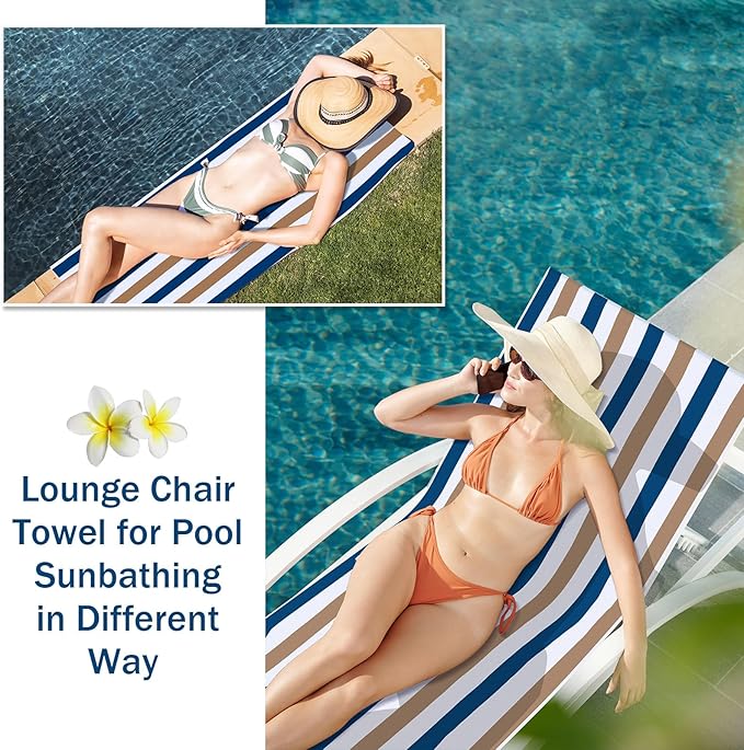 Fumete 2 Pack Lounge Chair Covers 30 x 85 Inch Pool Chaise Lounge Towels Microfiber Beach Chair Towel Portable Striped Outdoor Patio Furniture Cover for Sunbathing Picnic Spa(Dark Blue and Camel)