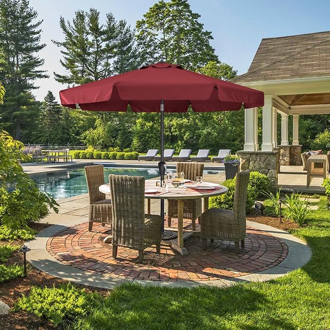 ABCCANOPY 7.5ft Scalloped Patio Umbrella, Outdoor Table Umbrella with Tilt and Crank, Fiberglass Ribs Deck Umbrella for Patio, Pool, Garden, Picnic (Wine Red)