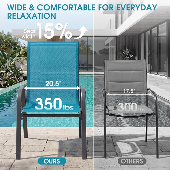 24.4" Wide Outdoor Stackable Chairs Set of 6, Stacking Patio Chairs with Textilene Fabric, Outside Furniture for Garden Backyard Balconie Poolside Deck, Blue